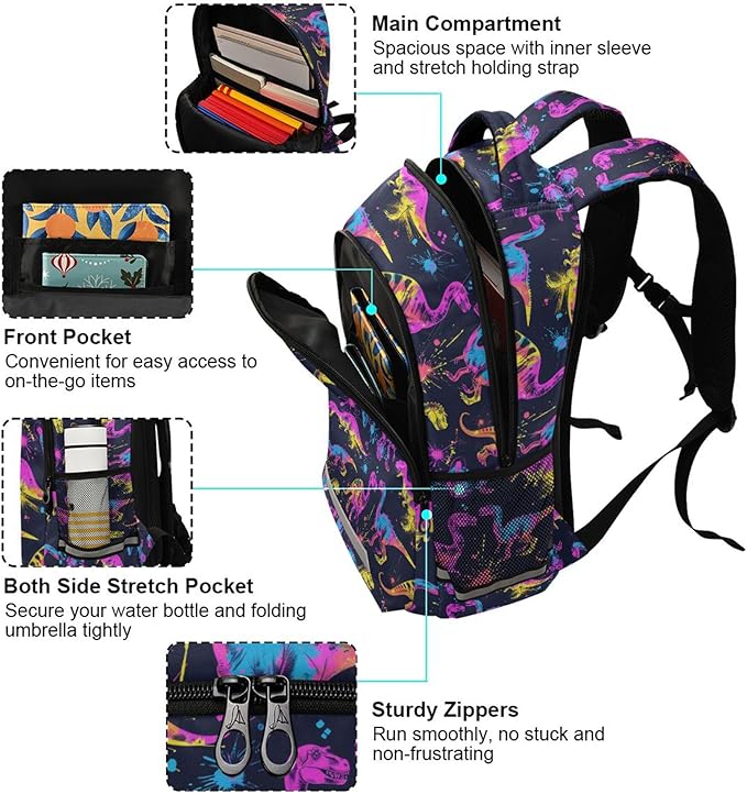 MNSRUU Laptop Backpack with Chest Strap, Neon Funny Dinosaurs School Backpack, Travel Hiking Backpack for Boys Girls Teen Adult, Rucksack, Knapsack
