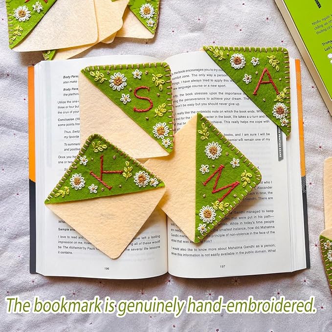 Personalized Hand Embroidered Corner Bookmark, Bookmarks for Women, Personalized Bookmark for Book Lovers, Cute Flower Book Mark by HNQCPCVU (U, Green)