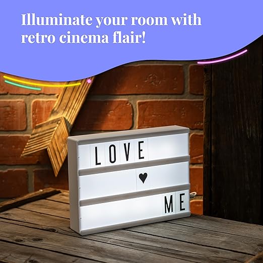 My Cinema Lightbox - Mini Cinema Lightbox, 8"x6" - Personalized Light Box Sign with 100 Letters, Numbers, & Symbols, USB cable included, white light box with letters