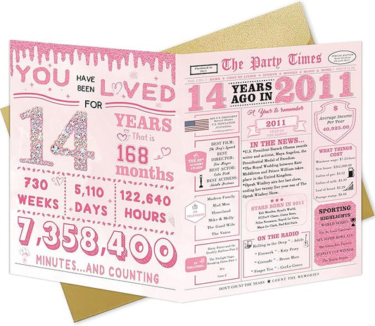 14th Birthday Decorations for Girls，14 Year Old Girl Birthday Gifts，14th Bday Card，14 Year Old Bday Gift Cards for Daughter Granddaughter Niece
