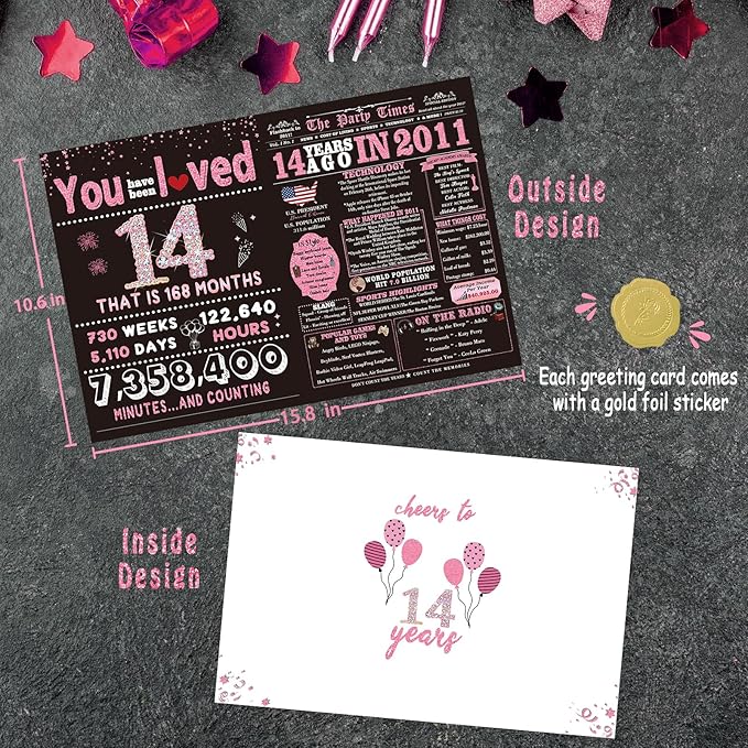 14th Birthday Card Gifts for Girls, Daughter, Niece, Granddaughter, 14th Birthday Decorations for Girls, Large Birthday Card for 14 Year Old, Funny Back in 2011 Birthday Card, Rose Pink Gold